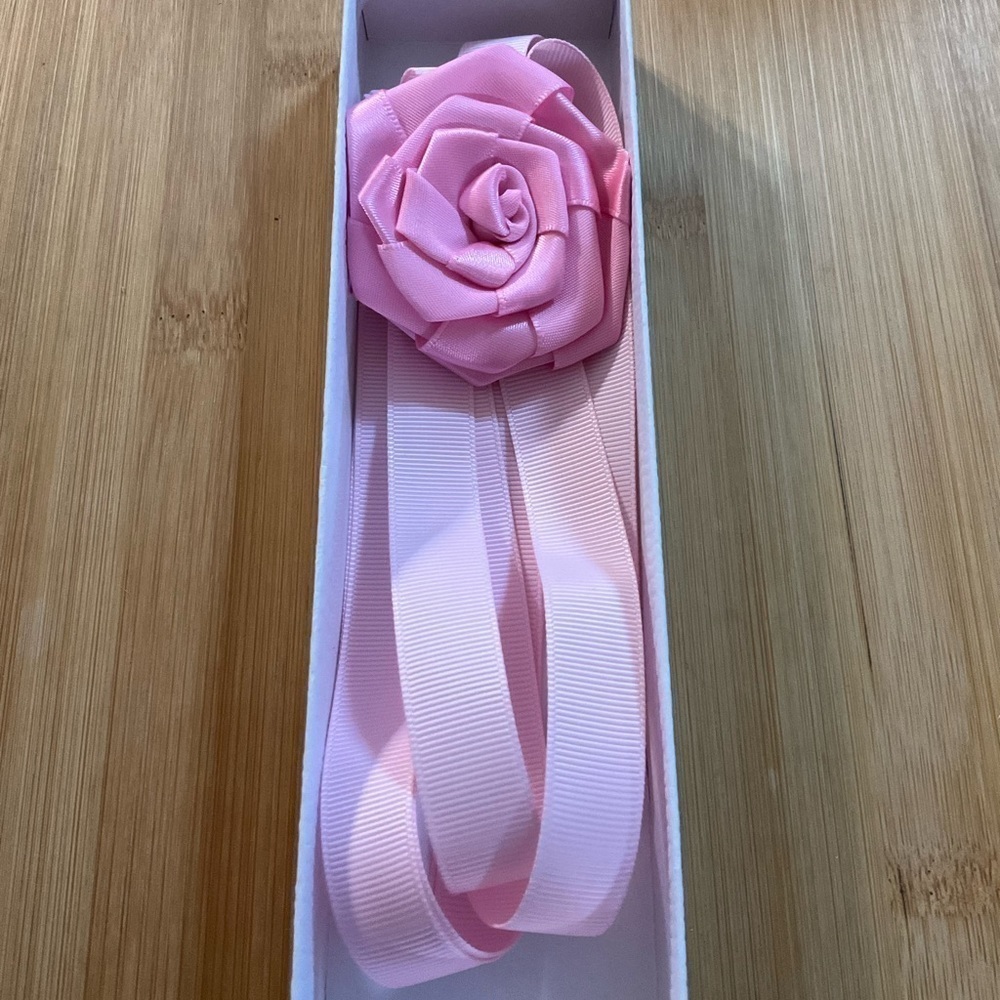 Hand Crafted Floral Choker Necklace Pink Ribbon Ties Flower Choker Wrap